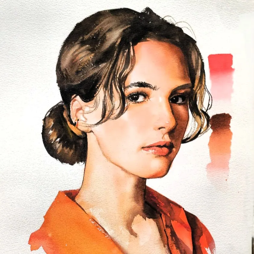 Retrato en naranja — acuarela sobre papel
