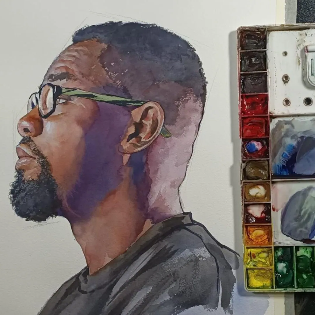 Retrato con gafas — acuarela sobre papel