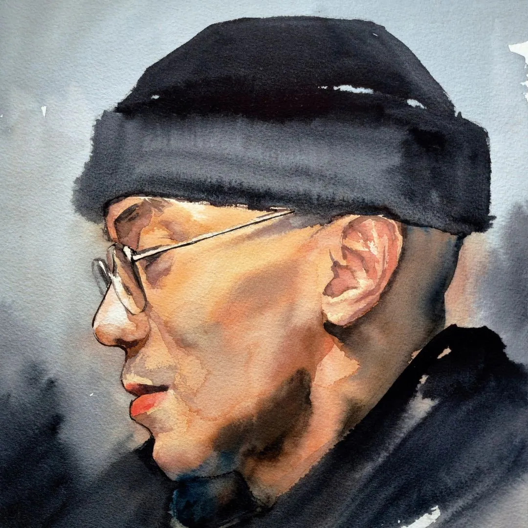 Retrato con gorro — acuarela sobre papel