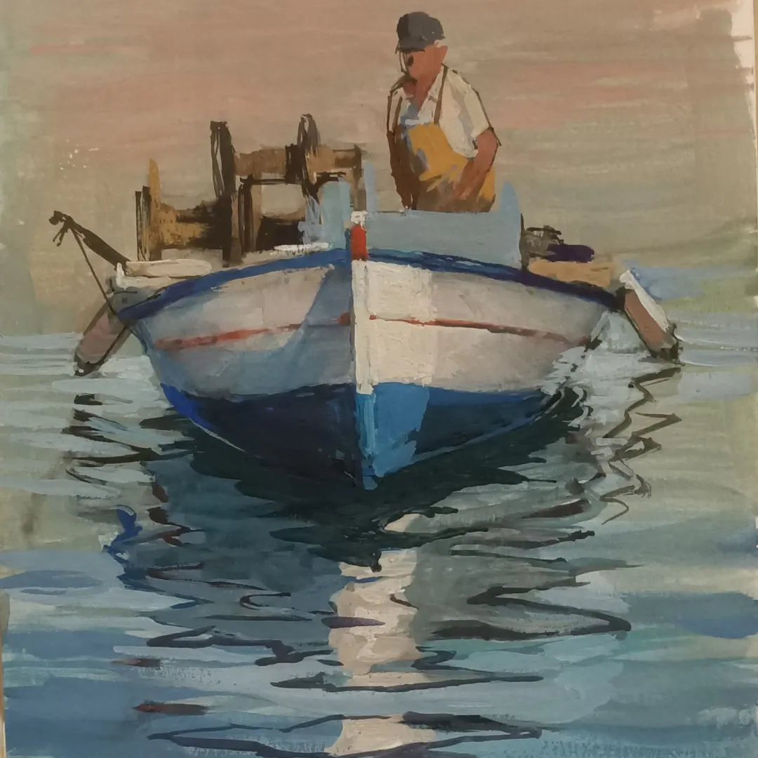 Barca con pescador — acuarela sobre papel