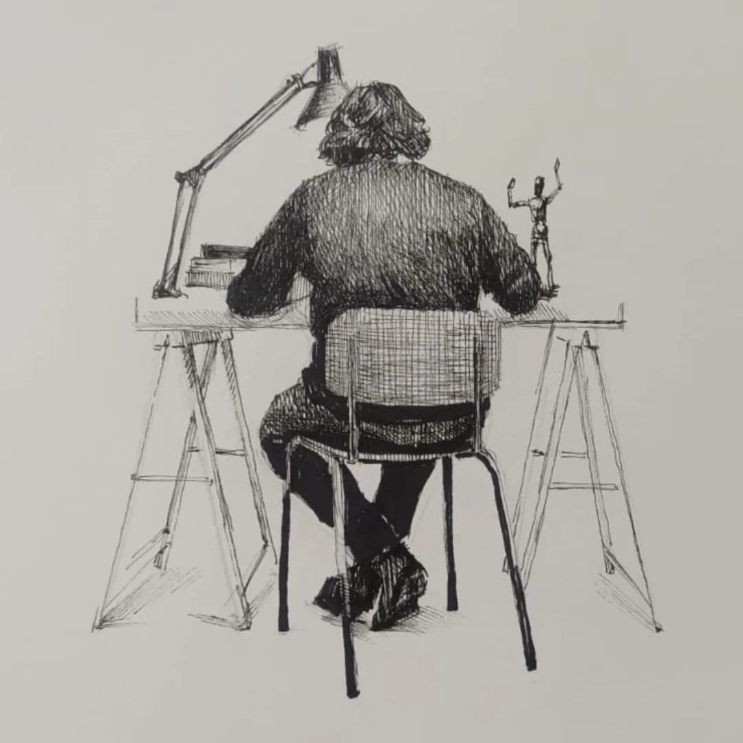 Dibujo a tinta de una figura sentada en el taller