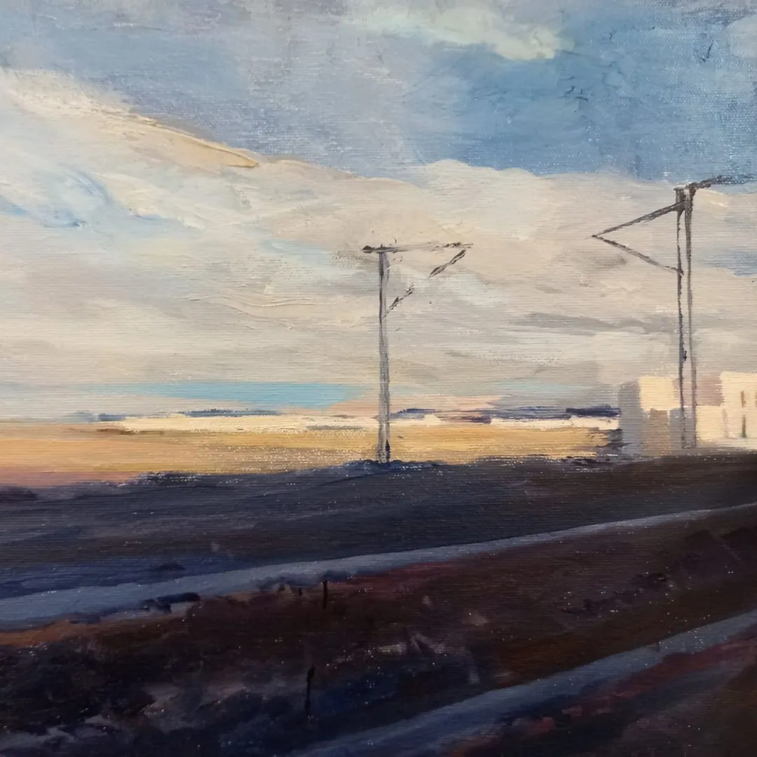 Paisaje al atardecer, óleo